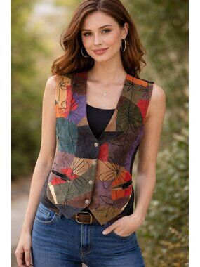 AJ Professional Geninue Leather Vintage Colorful Vest Size L Western Cowgirl